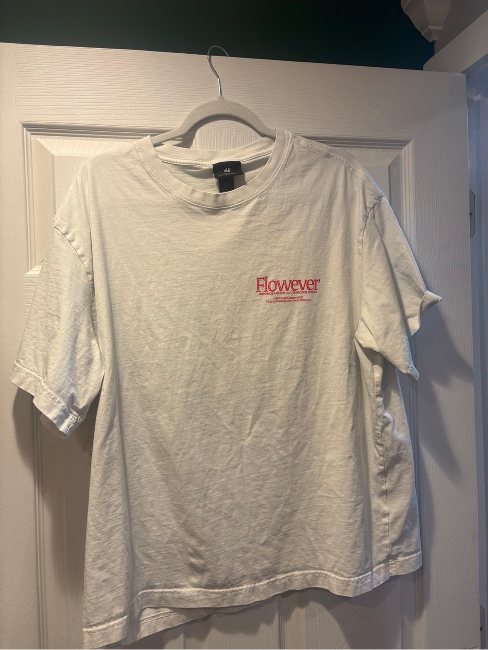 H&M White Short Sleeve Tee with Red 'Flowever' Logo